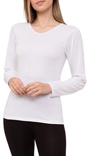 Camiseta Interior Térmica Algodón Manga Larga Mujer Cuello de Pico Color Liso (Blanco, L)