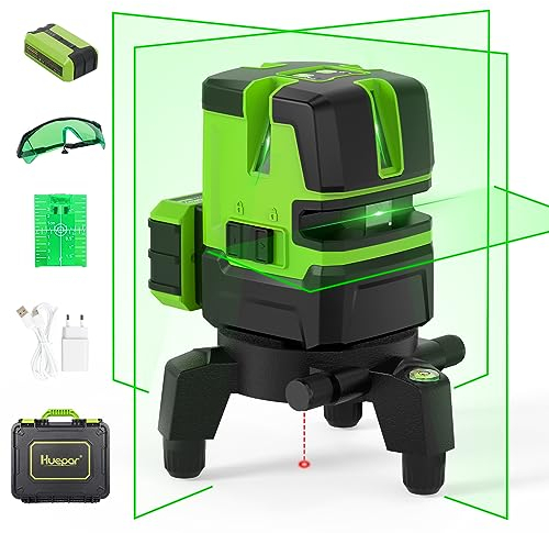 Huepar Multi-Linien Kreuzlinienlaser - vier vertikale Kreuzlinien und ein horizontale Kreuzlinie mit Lotpunkt grüner Strahlausrichtung selbstnivellierendes 360° drehbare Basis&Hartschalenkoffer NT411G