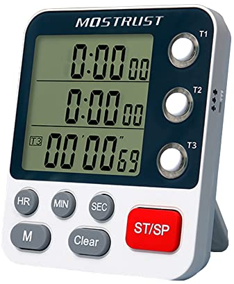 MOSTRUST Digitaler Dual-Küchen-Timer, 3 Kanäle Count UP/Down Timer, Kochtimer, großes Display Triple Timer, Ständer, Batterie im Lieferumfang enthalten (M318)