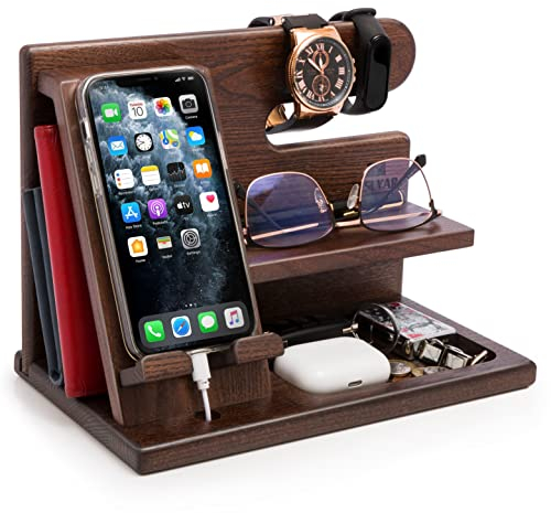 Teslyar, Stazione di ricarica per telefono in legno di frassino, con funzione di organizer per tenere chiavi, portafoglio e orologi, da uomo, idea regalo per anniversari, compleanni, lauree