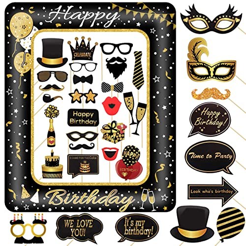 Fotobox Accessoires Geburtstag 36 STK. Foto Requisiten Aufblasbare Foto Rahmen Photo Booth Props Geburtstag Deko Foto Booth Schwarz Gold Party Zubehör für Alle Männer Frauen jeden Alters