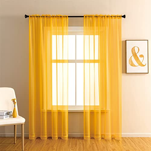 GYROHOME Tenda in voile trasparente con tasca per canna, filtro per la luce del sole, trasparente, per camera da letto, patio, set di 2 pannelli, giallo oro, 150 x 250 cm