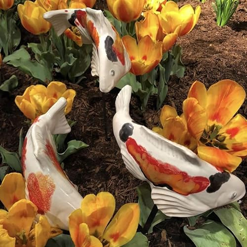 yijian Fisch im Garten, Keramik-Garten-Koi, Garten-Koi-Harz-Handwerk, Koi-Fisch-Statue im Freien, Skulptur für Garten-Rasen-Teich-Verzierung im Freien (3 Pcs White)