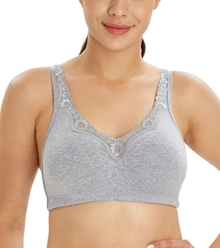 Lemorosy Comfort Plus Size Women's Lace Cotton Bras Full Coverage Non-Foam Wireless Underwear(Grey,36E)