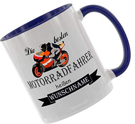 Crealuxe Kaffeetasse - Die besten Motorradfahrer heißen (Wunschname) -Spruchtasse, Bürotasse, bedruckte Keramiktasse, Tasse mit Spruch, Hochwertige Kaffeetasse (Blau)