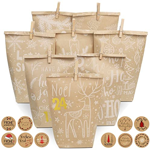 BIROYAL Geschenktüten Weihnachten 24 Stk. Papiertüten Braun für Weihnachts Geschenk, Kraftpapiertüten Verpackung Obstbeutel Butterbrottüten Weihnachts Party Tüten