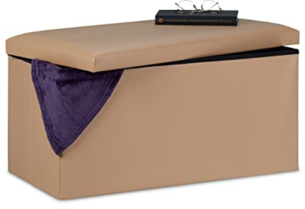 Relaxdays Sitzbank, Stauraum, Kunstleder, faltbar, gepolstert, Flur, Schlafzimmer, HBT 37,5 x 76,5 x 38,5 cm, beige