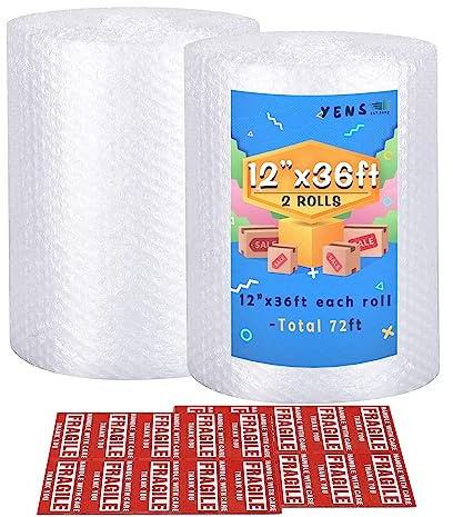 Yens Nylon Bubble Cushioning Rolls 72 ft 12 Inch width Packing Materials 3/16 AIR Bubble Perforated every 12 wrap 20 bonus Fragile Stickers