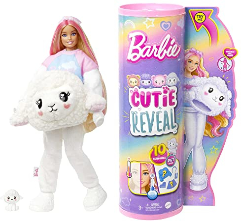 Barbie Cutie Reveal - Plüschlamm mit beweglicher Puppe, 10 Überraschungen inklusive Moden und Accessoires, Farbwechselspaß und Mini-Lämmchen, für Kinder ab 3 Jahren, HKR03