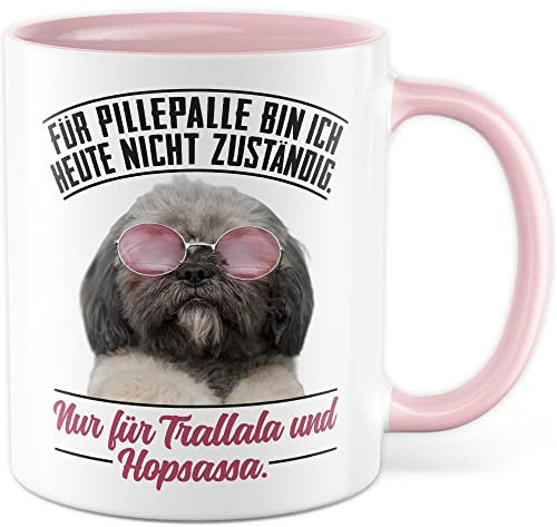 Büro Tasse mit Spruch lustige Kaffeetasse Arbeit Kaffee-Becher mit Witz Arbeitsplatz Job Geschenkidee Kollegen Humor Geschenk Kollegin Chef Kollege Pillepalle Hopsassa Trallala Tier Bild (Weiß/Rosa)