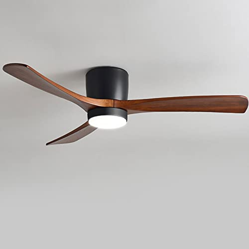 Low Profile Black Ceiling Fans with 28W LED Lights Modern Smart Ceiling Fan with Remote for Bedroom Dining Room - Walnut 48in Ceiling Fan with Light for Indoor, 3 Blade Fan Reversible Timer Quiet