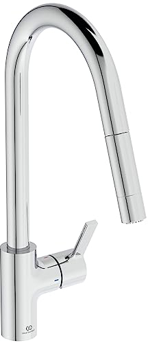 Ideal Standard – Gusto Miscelatore cucina, Bocca alta tonda, con doccetta estraibile e due modalità di getto, bocca girevole a 360°, facile da installare con fissaggio EasyFix+, Cromato