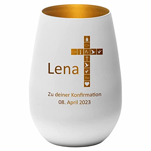 4you Design Windlicht Kreuz mit Namen, Datum graviert (Metall-Weiß-Gold) Geschenk zur Konfirmation, Teelichthalter für Patenkinder, Personalisierte Geschenkidee