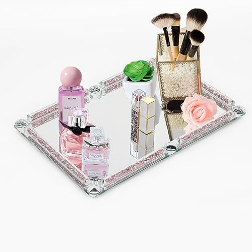 Bandeja de espejo rosa para tocador, bandeja de cristal rellena de diamante triturado rosa, bandeja de perfume de maquillaje cosmético, bandeja de baratijas de joyería, bandeja decorativa para