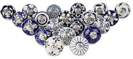 Ajuny Blue and White Handmade Painted Ceramic Knobs Cupboard Door Drawer and Furniture Pulls Handpainted Kitchen Cabinet Glossy Finishing Handles Pull Knob (Blue and White, Pack of 20)