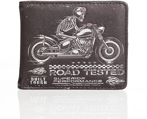 Shag Wear Herren Geldbörse Portemonnaie Geldbeutel - Münzfach mit Reissverschluss - Männer Brieftasche Querformat - Designs: Totenkopf-Motorrad