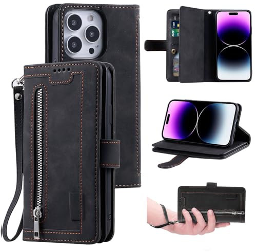 UEEBAI Wallet Case for iPhone 15 Pro 6.1 inch, Retro 9 Card Holder Slots Zipper Pocket Handbag Case PU Leather Magnetic Closure Kickstand with Wrist Strap TPU Shockproof Flip Case - Black
