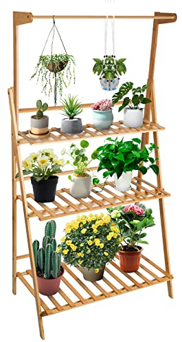 HUOLE Porte Plante Suspendue Bambou, Étagère Plante Pliable de 3 Niveaux, Echelle Fleur avec Tige Suspendue, Idéal pour Maison Balcon Terrasse Jardin - 70*40*141cm - bûches