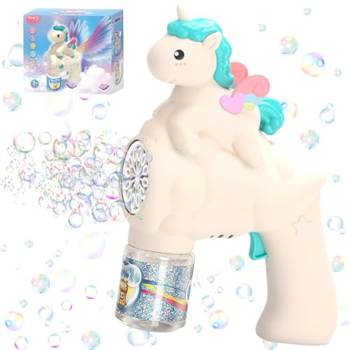 Pistola a Bolle Di Sapone Di Unicorno per Bambini - Spara Oltre 10.000 Bolle Al Minuto - Con Soluzione Da 90 Ml per Regali Di Compleanno e Feste