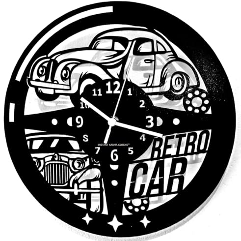 Instant Karma Clocks | Horloge Murale Design Voiture Vintage Automobile Ancienne Rétro Garage Art Déco | Mouvement à Quartz Silencieux | Idée Cadeau pour Salon, Chambre, Cuisine