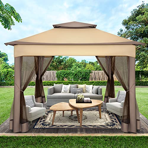 Hoteel Folding Gazebo 3 x 3 Gazebo 3 x 3 Waterproof Stable Winterproof Central Hub Design Garden Gazebo with Mosquito Net Double Roof 3.3 m x 3.3 m for Patio, Garden, Backyard (Brown Upgrade Model)