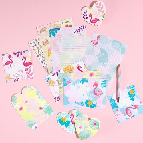 WERNNSAI Briefpapier Set, Flamingo Briefpapier mit Umschlag, 69 Stücke Schönes Briefpapier mit Kartenumschlag, Grußkarte, Aufkleber, Kugelschreiber für Mädchen Weihnachten Geburtstagsgeschenke