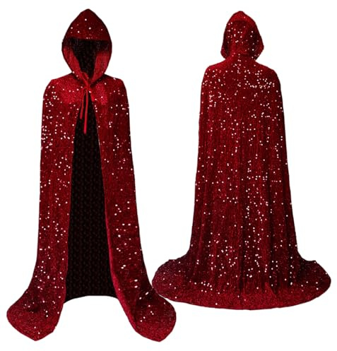 Samt-Umhang, Umhang, Zauberer, mit Kapuze, Party, Halloween, Cosplay, Kostüme für Männer und Frauen, 134,6 cm, X-Pailletten, Weinrot, Einheitsgr��e