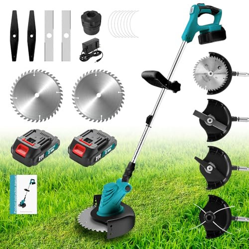 CQWLKEJ Strimmer Cordless Metal Blade Strimmer 21 v Garden Strimmer, 2 x 2.0 ah Battery Powered Strimmer Telescopic Lightweight Grass Trimmer, 90° Head Rotation Electric Strimmer for Gardens Lawns