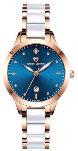 rorios Damen Edelstahl Armbanduhren Quarzwerk Uhr Classics Kleider Damenuhren Keramik Armband Uhren Leuchtend Analog für Uhr Frauen Blau