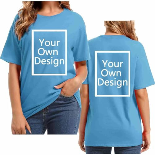 Light Blue Create Your Own T Shirt Womens Plus Size Custom T Shirt Printing Front and Back Personalised Summer Oversized Shirts Short Sleeve Loose Tops Customised