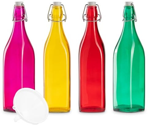 TUNDRA - Lot de 4 Bouteille Verre 1l COLORÉES avec Bouchon Hermétique | Ligne SQUARE | Bouteilles en Verre MADE IN ITALY, Résistantes et Faciles à Laver - Pour l'eau, le vin, l'huile, les liqueurs