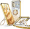 XYZ für Samsung Galaxy S23 Hülle mit Band, Herzen Doppelring Ständer Luxus Glitzer HandyHülle Kameraschutz, Frauen Stoßfest Elektroplattiert Soft TPU SchutzHülle Clear Samsung S23 Case,Gold