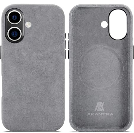 AKANTRA Alcantara Schutzhülle für iPhone 16, handgefertigte, vollständig verpackte synthetisches Wildleder, kompatibel mit Magsafe Laden (Grau, iPhone 16)