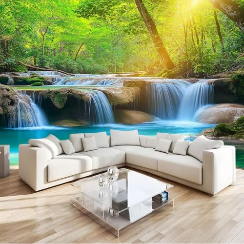 Papier Peint Paysage De Cascade De Forêt Verte 3D Panoramique Murale Salon 300x210 cm Papier Peint intissé pour Chambre Salon Personnalisé Décoration Murale