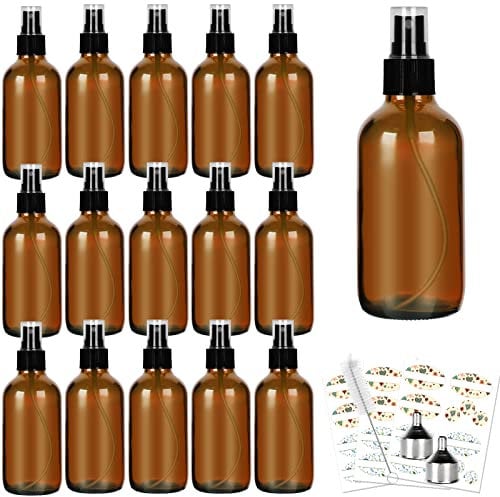 HYCKee Amber Glass Spray Bottles with Fine Mist Sprayers, 120ml 16Pcs Glass Travel Bottles with Pipette, Refillable for Cosmetic Essential Oils Cleaning Solutions Perfumes & More Liquids