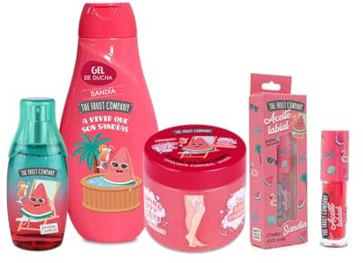 Pack Completo de Belleza The Fruit Company con Aroma a Sandía y Melon: Champú Hidratante, Labial Suavizante, Colonia Refrescante y Exfoliante Natural - Regalo con el Dulce Encanto de la Sandía y Melon