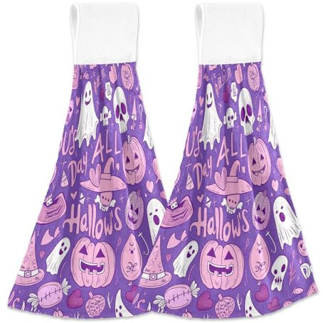 EtherSpher Happy Halloween - Toallas de mano decorativas únicas con diseño de calabaza morada para baño con bucle, toallas de cocina y trapos blancos de mano, 2 unidades