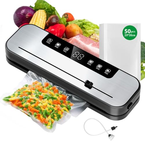 6-in-1 Vakuumiergerät für Lebensmittel, Starke Saugleistung und Vielseitige Versiegelungsmodi, Integriertes Schneidemesser, Sous-Vide-Geeignet mit Externem Vakuumsystem