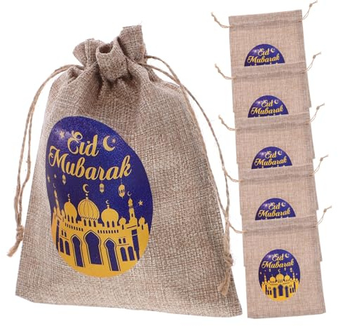 ERINGOGO 6stücke Eid Mubarak Geschenktüten Mit Kordelzug Leinengeschenktüten Für Ramadan Party Tragbare Aufbewahrungsbeutel Für Süßigkeiten Und Snacks