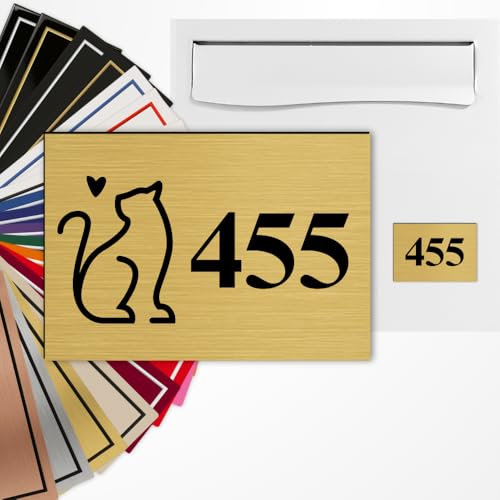 Numéro de boîte aux lettres personnalisé – 3 tailles – Gravure laser – 22 couleurs – Avec ou sans motif (Or brossé texte noir)