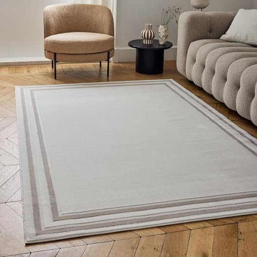 THE RUGS Carmel Modern Area Rug - Stain-Resistant, Non-Shedding, Durable Rugs for Living Room and Bedroom [ Bordered Beige, 160x230 cm ]