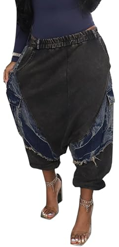 Unybwonn Harems-Jeans für Damen, Baggy, Hippie, Patchwork, Denim-Hose, leger, elastische Taille, weites Bein, Jogginghose
