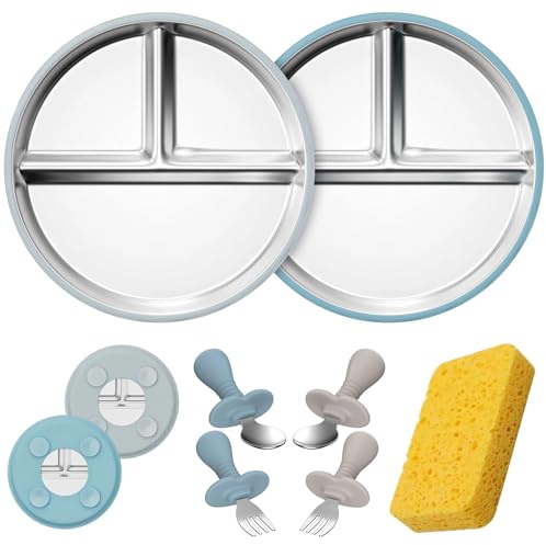 Babyteller mit Saugnapf, Edelstahl Kinderteller mit 2 Rutschfesten Babyteller mit Saugnäpfen, Unzerbrechliches Saugnapf Teller für Geschirrset BPA-frei & Spülmaschinenfest Unzerbrechliches-Grau&Blau