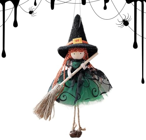 Qukoielly Bambola strega da cucina per buona, ornamenti da appendere di Halloween, bambola scopa da strega, spaventosa statuetta da collezione, decorazione per feste, finestre, giardino, patio