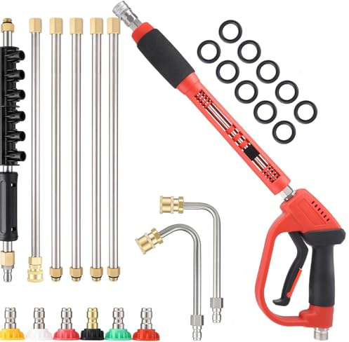 Lance de Nettoyage Haute Pression 5000 PSI, Pistolet avec 6 Extensions et 2 Tiges Courbes, 6 Embouts de Pulvérisation pour Nettoyeur de Voiture, Maison, Terrasse, Jardin