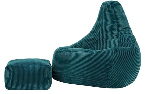 Icon Dalton XXL Sitzsack Cord und Hocker mit Füllung, Blaugrün | In Deutschland Hergestellt, Sitzsack Erwachsene, Weicher Cordstoff, Gaming Sitzsack für Wohnzimmer und Schlafzimmer