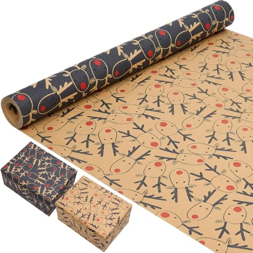 43 cm × 10 m Doppelseitiges Geschenkpapier, recycelbares Kraftpapier mit Elchmotiv für Weihnachten, Geburtstage und andere festliche Anlässe