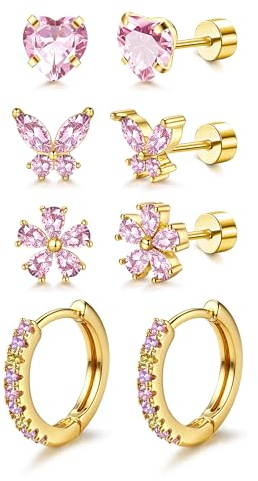 Roheafer 14K guldpläterade allergivänliga örhängen för flickor kvinnor 316L kirurgiska rostfritt stål platt baksida örhängen sött hjärta blomma liten tusensköna huggie ring örhängen set för känsliga