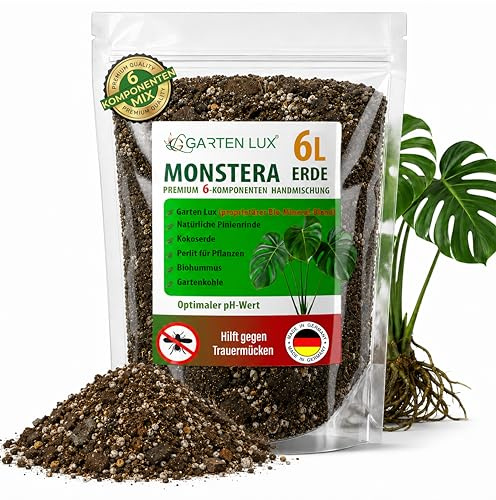 Garten Lux Monstera Erde 6 L torffrei – 6‑in‑1 gegen Trauermücken | Aroid‑Substrat | Kokoserde, Perlit, Pinienrinde, Biohummus, Gartenkohle + Geheim‑Komplex | schnell entwässernd