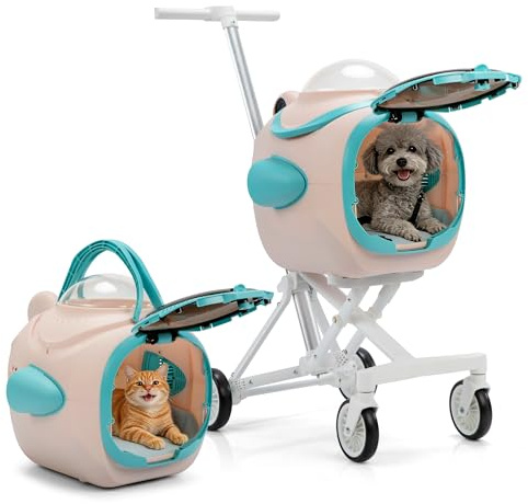COZIWOW Dog Pet Stroller with Cooling Exhaust Fan, Foldable 4-Wheel Cat Stroller Car Seat with Temperature Display Anti-Irritation Privacy Barrier, Cat Carrier for Small & Medium Dog